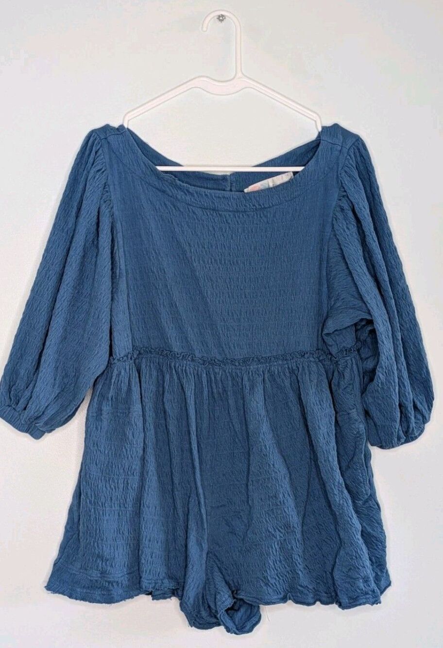 Free People “Beyond Obsessed” Blue Romper Oversized Pocketed Boho One-Piece Sz S